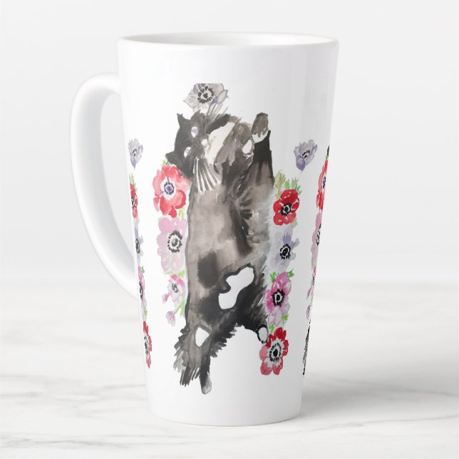 Taza De Café Latte Tuxedo Cat Cute Bonitos Flores Gatos Acuarela (Ángulo izquierdo)