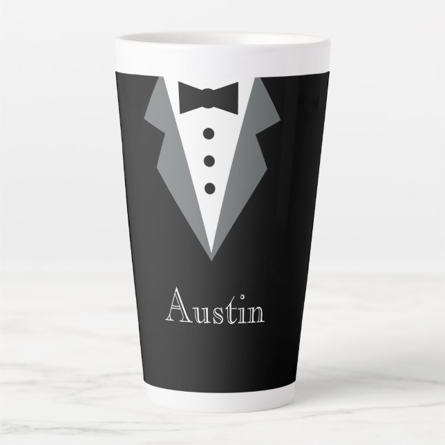 Taza De Café Latte Tuxedo formal blanco negro personalizado (Anverso)