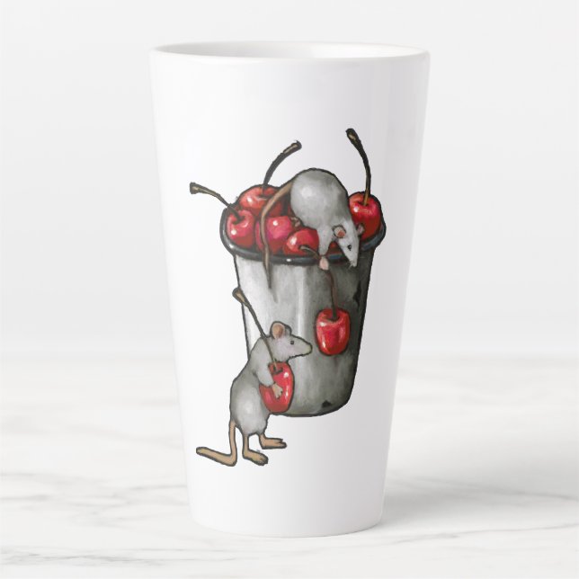 Taza De Café Latte Two MICE Stealing Cherries, Bucket of Cherries Art (Anverso)
