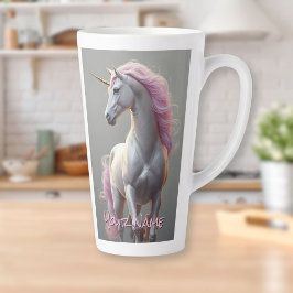 Taza De Café Latte Unicornio blanco personalizado con maná rosa