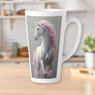 Taza De Café Latte Unicornio blanco personalizado con maná rosa