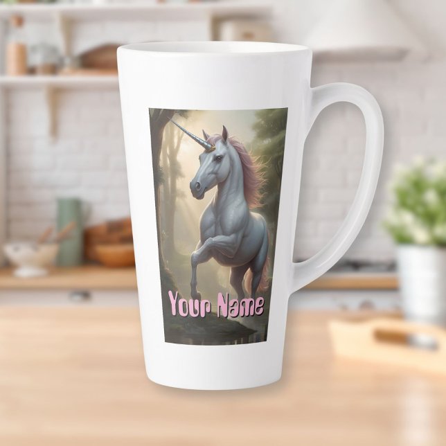 Taza De Café Latte Unicornio blanco personalizado en bosque (Personalized White Unicorn in Forest Latte Mug)