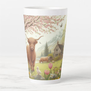 Taza De Café Latte Vaca de tierras altas, con flores y primavera