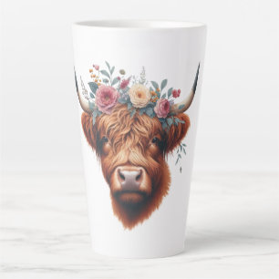 Taza De Café Latte Vaca de tierras altas, con flores y primavera