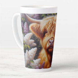 Taza De Café Latte Vaca Highland con flores de Lilac