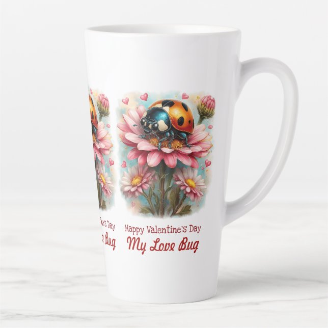 Taza De Café Latte  Valentine Love Bug on Blossoms Rose (Derecha)