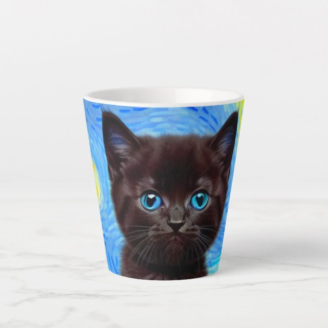 Taza De Café Latte Van Gogh Starry Night Black Cat (Anverso)
