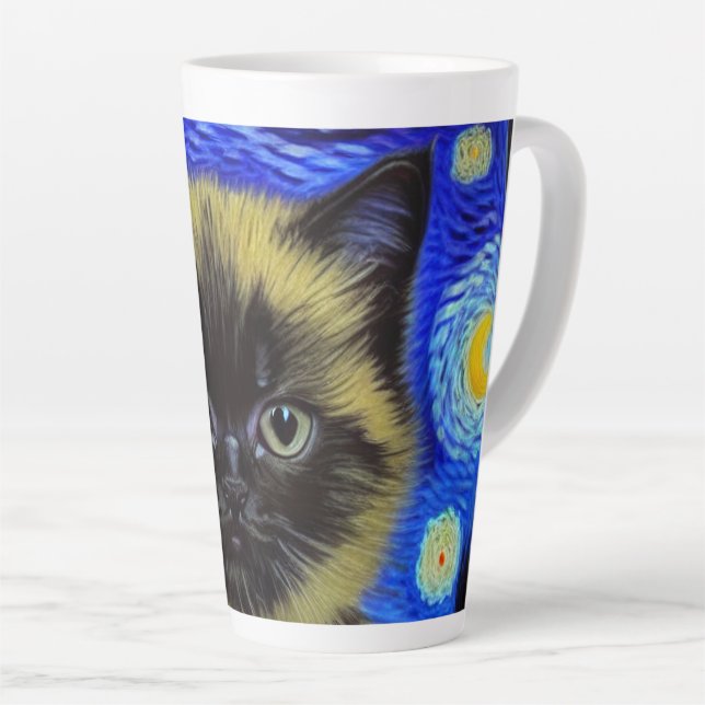 Taza De Café Latte Van Gogh Starry Night Siamese Cat (Ángulo derecho)