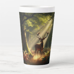 Taza De Café Latte Venado en el bosque matutino