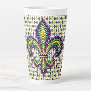 Taza De Café Latte Verde morado Mardi Gras fleur de lis