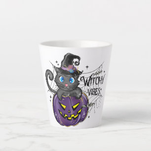 Taza De Café Latte Vibes de brujería   Gato negro brujo y Jack-O-Lant