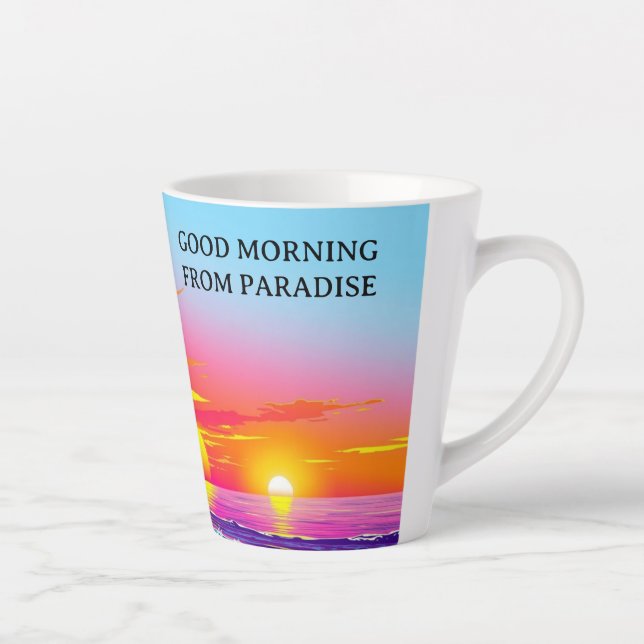 Taza De Café Latte Vibrant Island Sunset Good Morning From Paradise (Derecha)