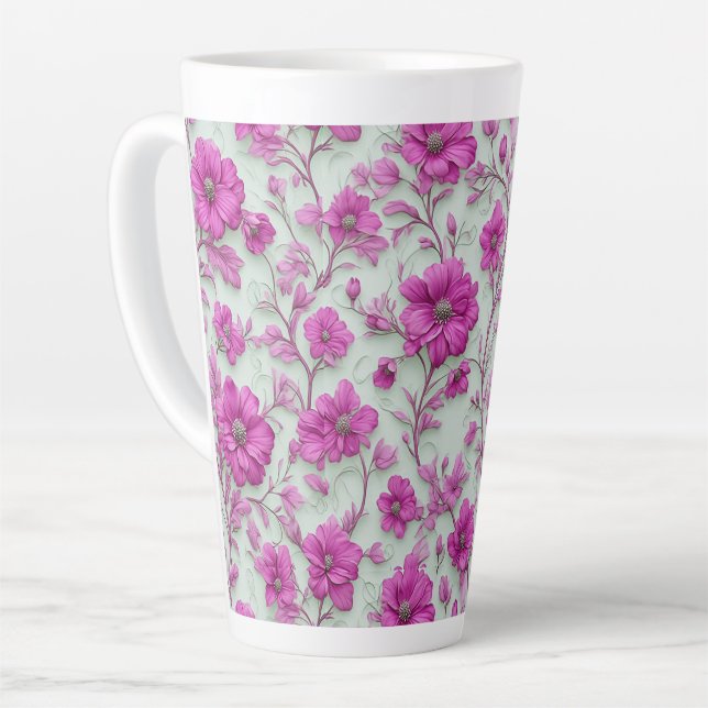 Taza De Café Latte Vibrant Pink Floral Pattern With Magenta Flowers (Ángulo izquierdo)