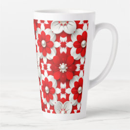 Taza De Café Latte Vibrant Red And White Floral Pattern With Pearl