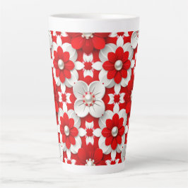 Taza De Café Latte Vibrante patrón floral rojo y blanco con perla