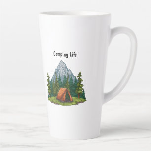 Taza De Café Latte Vida de camping, con una tienda en el bosque hacie