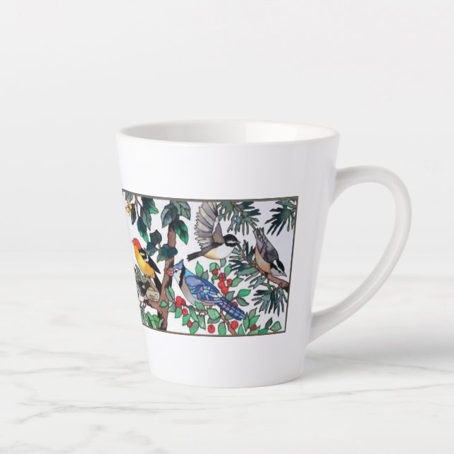 Taza De Café Latte Vidrio Manchado Arte Hermoso Florecimiento y Aves (Derecha)