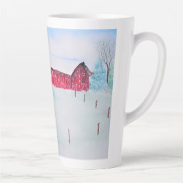 Taza De Café Latte Viejo granero rojo en la nieve