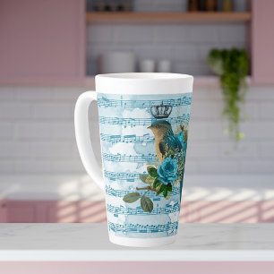 Taza De Café Latte Vintage Blue Song Bird on Sheet Music