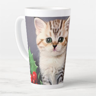 Taza De Café Latte Vintage Christmas Kitten and Holly