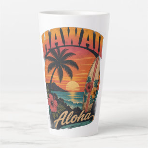 Taza De Café Latte Vintage Hawaiian Sunset Palms Surfboard Aloha