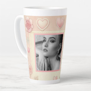 Taza De Café Latte Vintage rosa corazones rosa floral foto acuarela