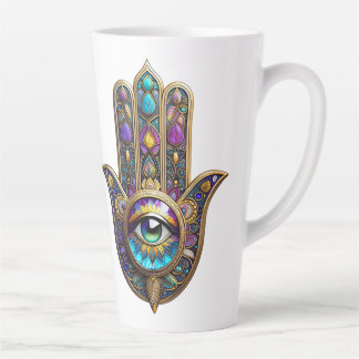 Taza De Café Latte Violet Gold Hamsa w/ Blue-Green Color Third Eye