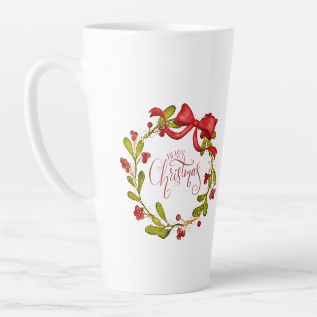 Taza De Café Latte Watercolor Mistletoe Wreath with Bow (Izquierda)