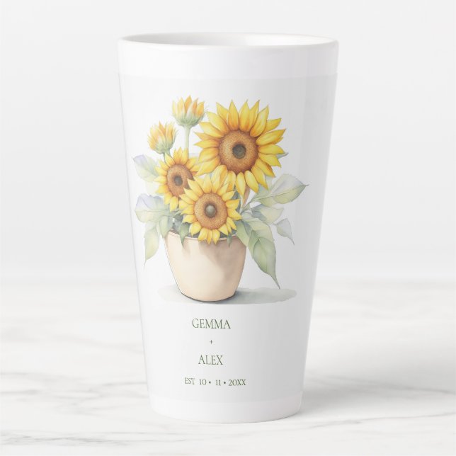 Taza De Café Latte Watercolor Sunflower Personalizado Newlyweds (Anverso)