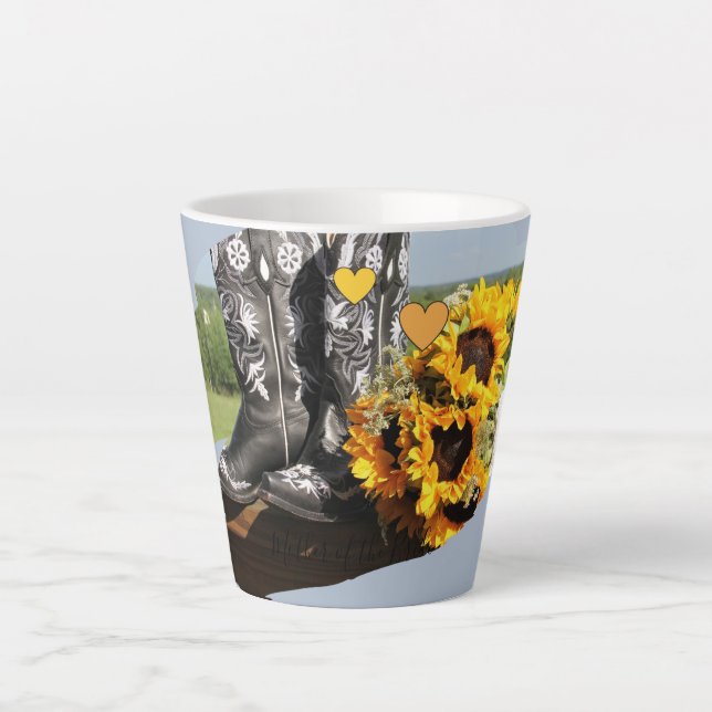 Taza De Café Latte Western Boots Sunflowers Boda Rústica (Anverso)