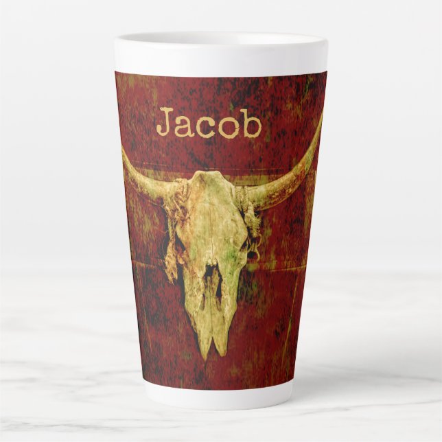 Taza De Café Latte Western Bull Skull Country Brown Rustic Grunge Art (Anverso)