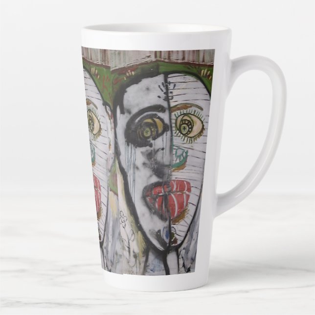 Taza De Café Latte Whimsical 3 Face Original Artist Painting  (Derecha)