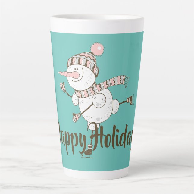 Taza De Café Latte Whimsical Ice Sking Snowman Personalizable (Anverso)