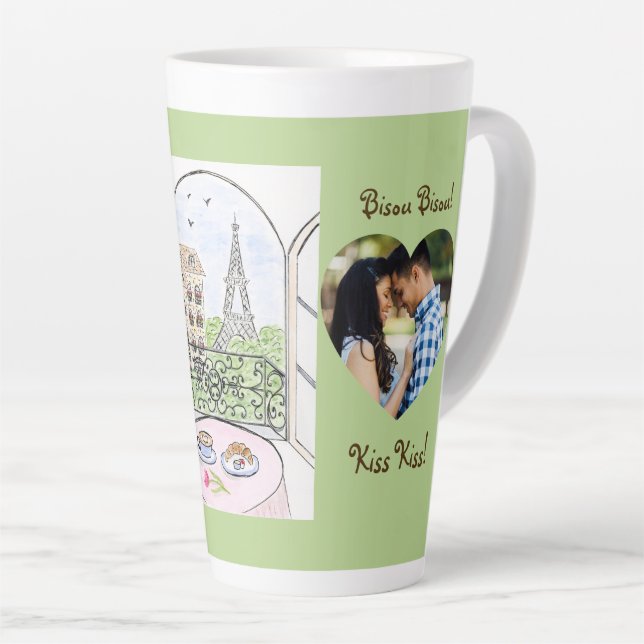 Taza De Café Latte Whimsical Paris Eiffel Tower Bisou Kiss PHOTO (Ángulo derecho)