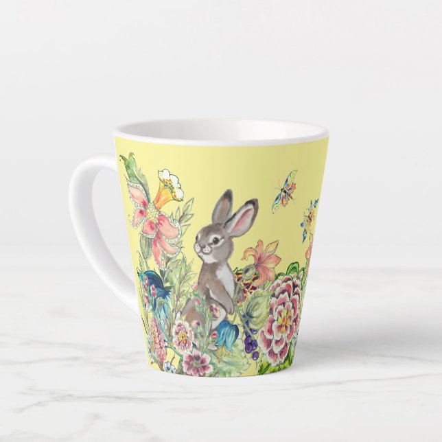 Taza De Café Latte Whimsical Rabbit Yellow Chinoiserie Floral Bunny (Ángulo izquierdo)