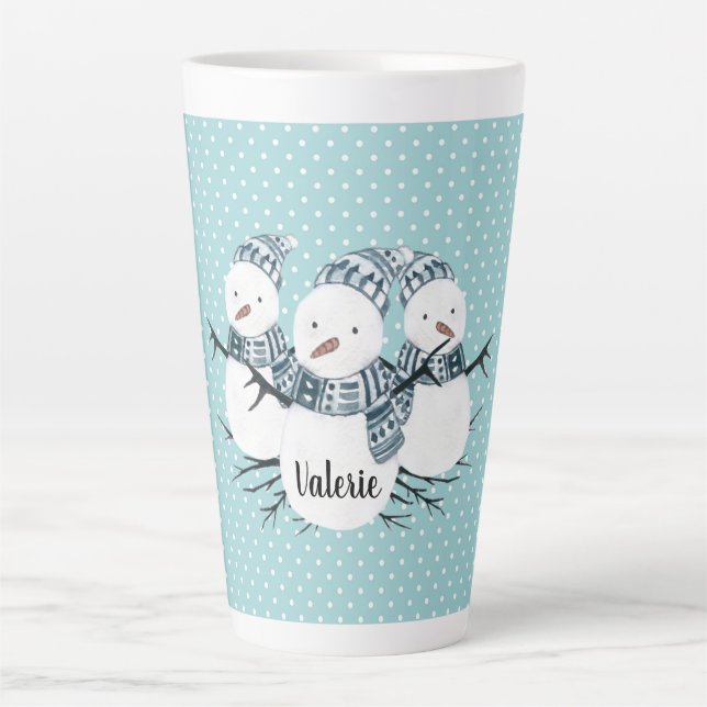 Taza De Café Latte Whimsical Snowmen Trio Winter Polka Dots (Anverso)