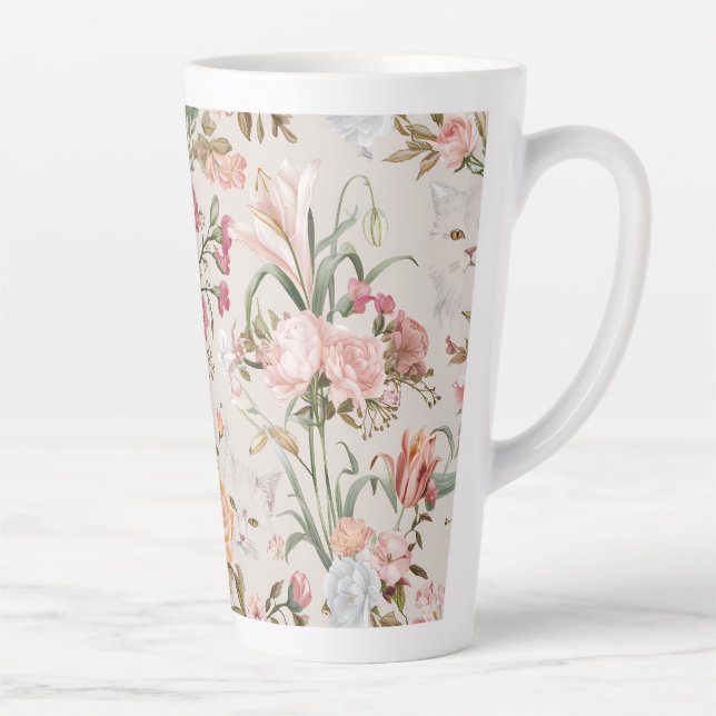 Taza De Café Latte White Cats Pink Roses Floral  (Derecha)