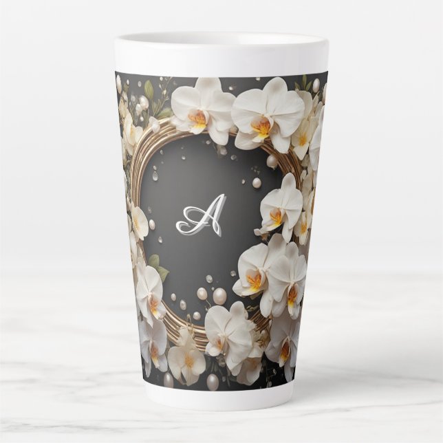 Taza De Café Latte White Orchid Floral Wreath With Pearls and Gold (Anverso)