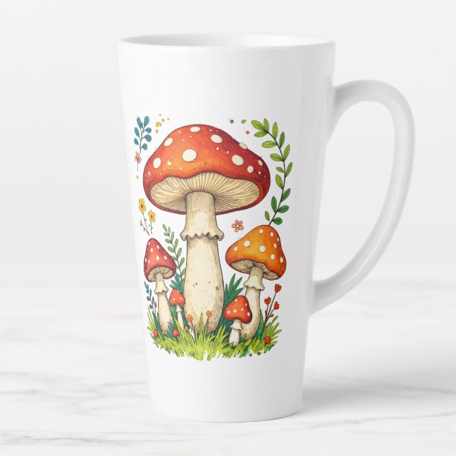 Taza De Café Latte Wild mushrooms and flowers in grass forest nature (Derecha)
