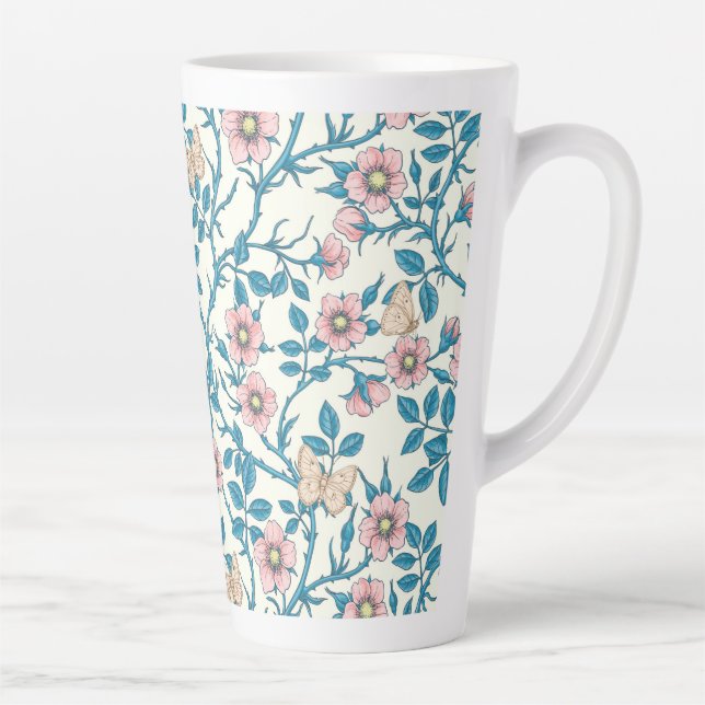 Taza De Café Latte Wild roses and butterflies /pink/blue/off white (Derecha)