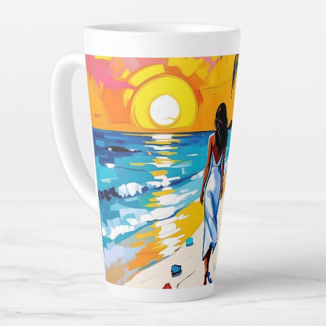 Taza De Café Latte Woman on Beach Tropical Scene (Ángulo izquierdo)