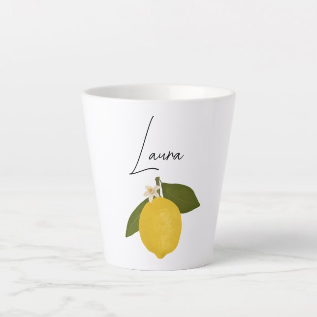 Taza De Café Latte Yellow Lemon with Green Leaves | Fresh Citrus  (Anverso)