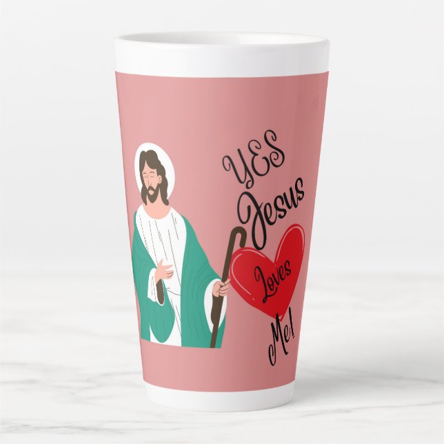 Taza De Café Latte "Yes, Jesus Loves Me" Pink Large Latte Mug  (Anverso)