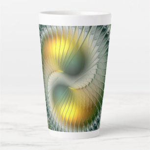 Taza De Café Latte Yin Yang Verde Amarillo Fractal Abstracto Colorido
