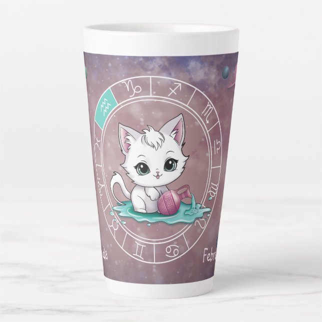 Taza De Café Latte Zodiac Aquarius Cute Cat Wheel Planet Astrología (Anverso)