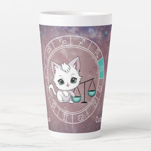 Taza De Café Latte Zodiac Libra Cute Cat Wheel Planet Astrología (Anverso)