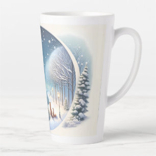Taza De Café Latte Zorros de invierno junto al río nevado iluminado p