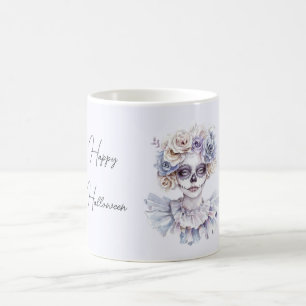 Taza De Café Lavanda Crema Floral Chica Halloween