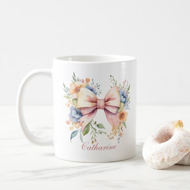 Taza De Café Lazo Rosa Monograma Coquette Flores Acuarela (Con donut)