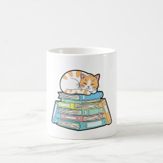 Taza De Café Lazy Cat on Books – Cute Cozy Illustration